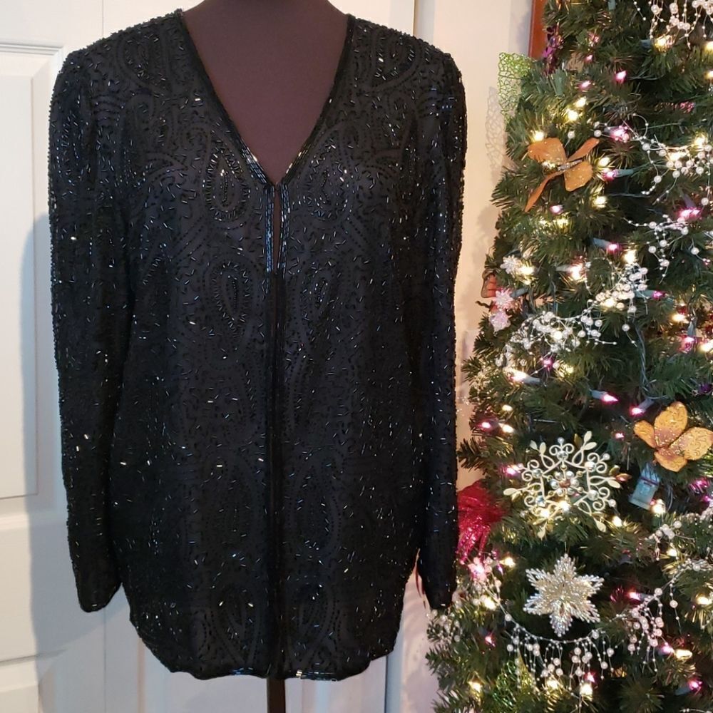 VNTG Silky Nites NY Pure Silk Beaded Jacket